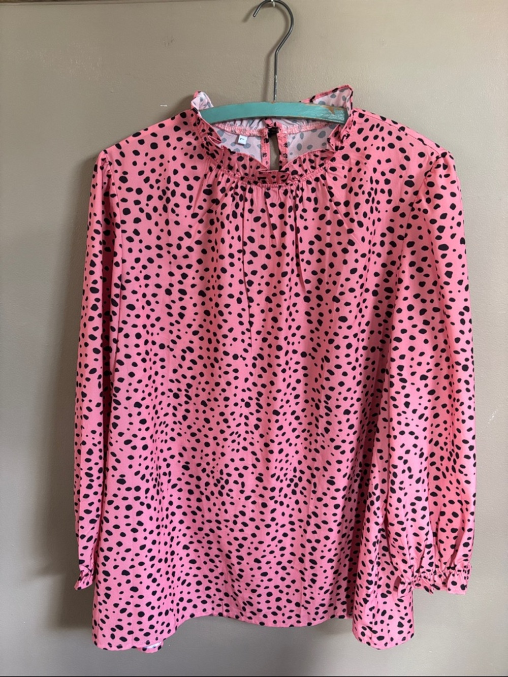 Pink Black Dot Long-Sleeve Blouse